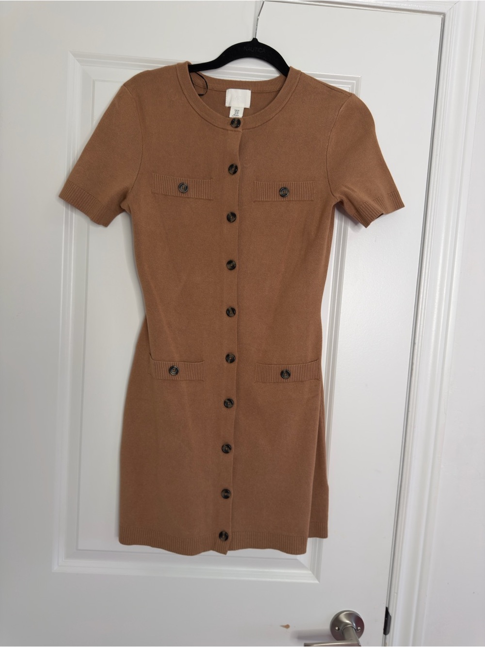 H&M Short Sleeve Button-Front Knit Dress in Camel